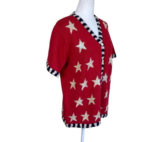 Quacker Factory Vtg USA Flag Short Sleeve Sweater Cardigan Sequins Stars Sz S - Picture 8 of 15